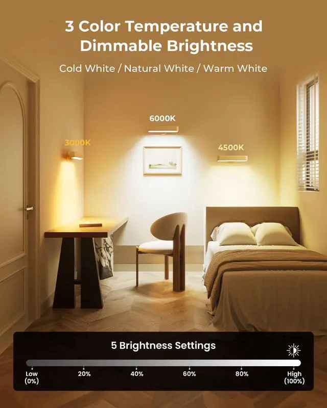 Alt view image 6 of 7 - Rechargeable LED Wall Sconces Set of Two,Wall Lights for Bedroom with Remote Control and Touch,360° Magnetic Rotation,3 Colors Dimmable Brightness Wood Wall Lamps with 15 RGB Colors,2 Pack