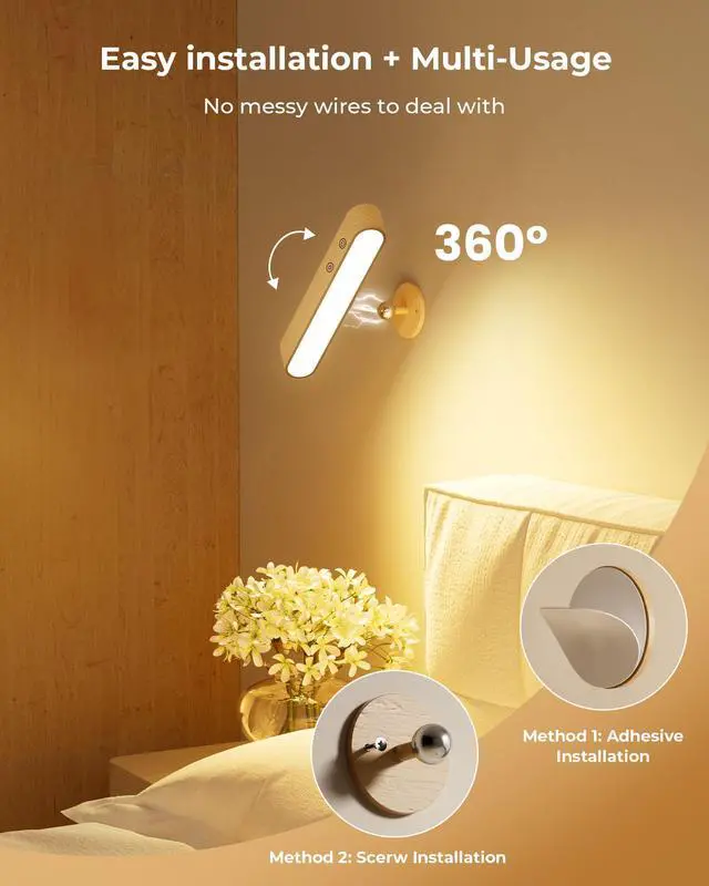Alt view image 7 of 7 - Rechargeable LED Wall Sconces Set of Two,Wall Lights for Bedroom with Remote Control and Touch,360° Magnetic Rotation,3 Colors Dimmable Brightness Wood Wall Lamps with 15 RGB Colors,2 Pack