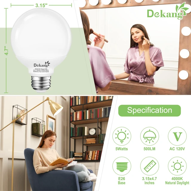 Alt view image 2 of 7 - 8 Pack LED Vanity Light Bulbs for Bathroom 4000K Natural Daylight E26 Base, 60W Equivalent, 5W, 500LM, CRI 85+, Non-dimmable Standard Base LED Globe Light bulbs for Bathroom Vanity Mirror