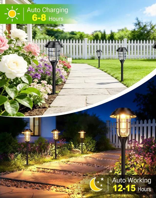 Alt view image 3 of 7 - Solar Pathway Lights Outdoor, 8 Pack Bright Solar Lights Outdoor, IP65 Waterproof Auto On/Off Garden Lights Solar Powered Landscape Lighting for Yard Path Patio Walkway Driveway Pathway - Black