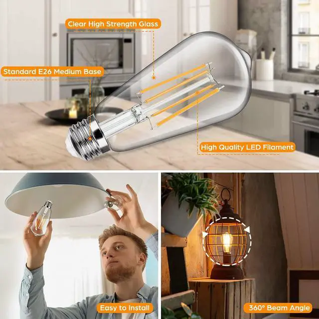 Alt view image 3 of 7 - 4-Pack Vintage LED Edsion Bulbs 100W Equivalent, E26 Base Bulb 8W 2700K | Non-dimmable, 1400LM High Brightness, LED Filament, High CRI, Medium Base, Antique Decorative Clear Glass