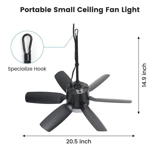 Alt view image 2 of 7 - 20.5'' Plug in Ceiling Fan with Light for Gazebo Patio Canopy Tent | 5 Fan Speeds with Adjust Lighting for Porch RV Cooling or Air Circulation, Black