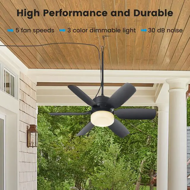 Alt view image 5 of 7 - 20.5'' Plug in Ceiling Fan with Light for Gazebo Patio Canopy Tent | 5 Fan Speeds with Adjust Lighting for Porch RV Cooling or Air Circulation, Black