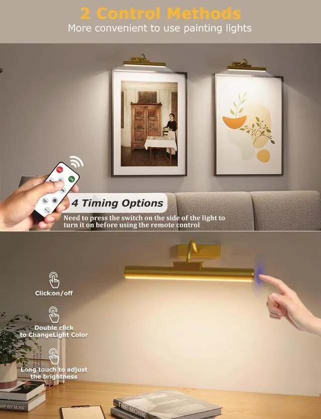 Alt view image 3 of 7 - 13" Wireless Picture Lights for Wall, Rechargeable Art Light, 2Pack Gold | Aluminum Photo Frame Light, Remote & Touch Control, 5000mAh Battery, 3 Color Temp, Dimmable, Magnetic Gallery Painting Light