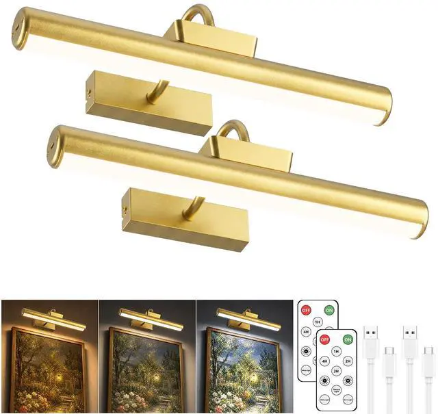 Main image of 13" Wireless Picture Lights for Wall, Rechargeable Art Light, 2Pack Gold | Aluminum Photo Frame Light, Remote & Touch Control, 5000mAh Battery, 3 Color Temp, Dimmable, Magnetic Gallery Painting Light