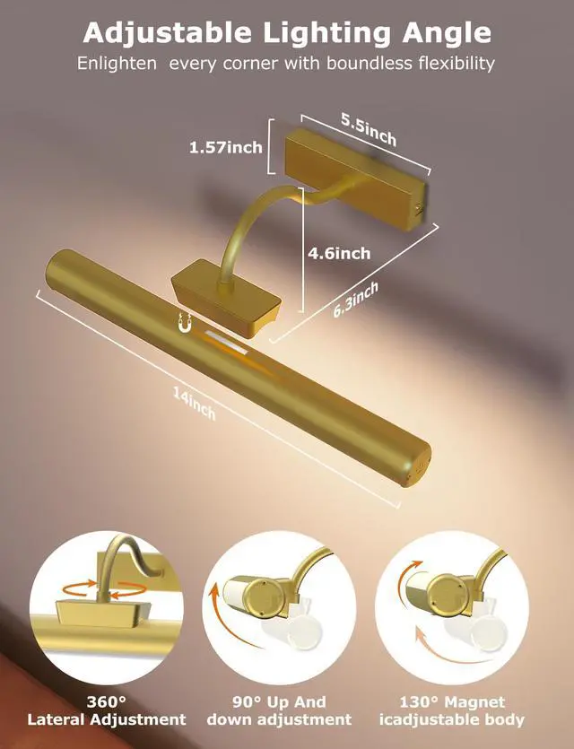 Alt view image 4 of 7 - 13" Wireless Picture Lights for Wall, Rechargeable Art Light, 2Pack Gold | Aluminum Photo Frame Light, Remote & Touch Control, 5000mAh Battery, 3 Color Temp, Dimmable, Magnetic Gallery Painting Light