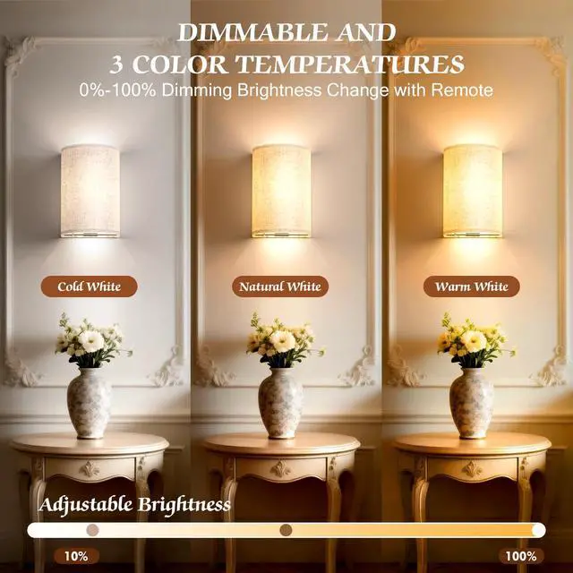 Alt view image 2 of 7 - Battery Operated Wall Sconce Wireless Wall Sconces Set of Two | Rechargeable Magnetic Bulb Wall Lights Lamp Dimmable Timer with 16 RGB Fabric Linen Shade with Remote for Bedroom Living Room
