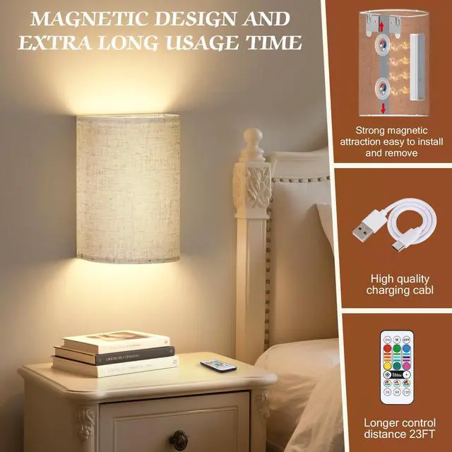 Alt view image 5 of 7 - Battery Operated Wall Sconce Wireless Wall Sconces Set of Two | Rechargeable Magnetic Bulb Wall Lights Lamp Dimmable Timer with 16 RGB Fabric Linen Shade with Remote for Bedroom Living Room
