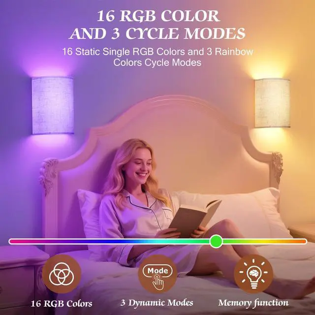 Alt view image 4 of 7 - Battery Operated Wall Sconce Wireless Wall Sconces Set of Two | Rechargeable Magnetic Bulb Wall Lights Lamp Dimmable Timer with 16 RGB Fabric Linen Shade with Remote for Bedroom Living Room