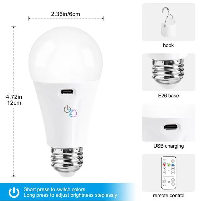 Alt view image 2 of 7 - Rechargeable Light Bulbs with Remote and USB Charging, 3 Colors Dimmable Battery Operated Light Bulb with 4 Timer, A19 Wireless Light Bulbs for Wall Sconce, Not-Hardwired, 2 Pack