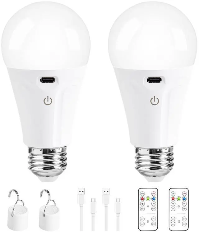 Main image of Rechargeable Light Bulbs with Remote and USB Charging, 3 Colors Dimmable Battery Operated Light Bulb with 4 Timer, A19 Wireless Light Bulbs for Wall Sconce, Not-Hardwired, 2 Pack