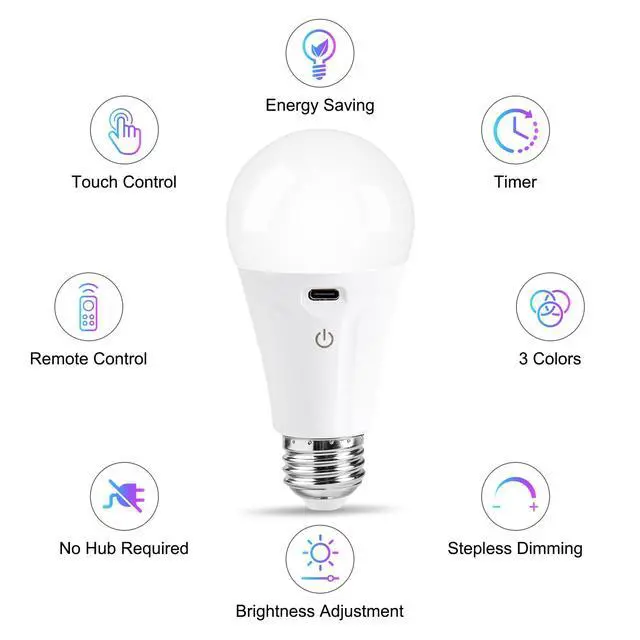 Alt view image 3 of 7 - Rechargeable Light Bulbs with Remote and USB Charging, 3 Colors Dimmable Battery Operated Light Bulb with 4 Timer, A19 Wireless Light Bulbs for Wall Sconce, Not-Hardwired, 2 Pack