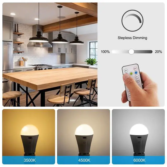 Alt view image 5 of 7 - Rechargeable Light Bulbs with Remote and USB Charging, 3 Colors Dimmable Battery Operated Light Bulb with 4 Timer, A19 Wireless Light Bulbs for Wall Sconce, Not-Hardwired, 2 Pack