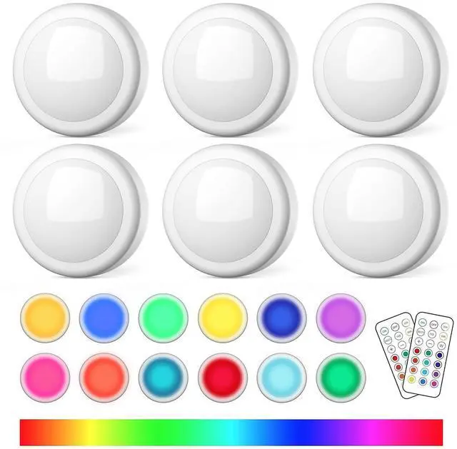 Main image of LED Puck Lights with Remote, AA Battery Powered Operated, 6 Pack | 13 Color RGB with Dimmer, Timer, Wireless Push Touch Night Light, 3M Stick On, For Closet Under Cabinet