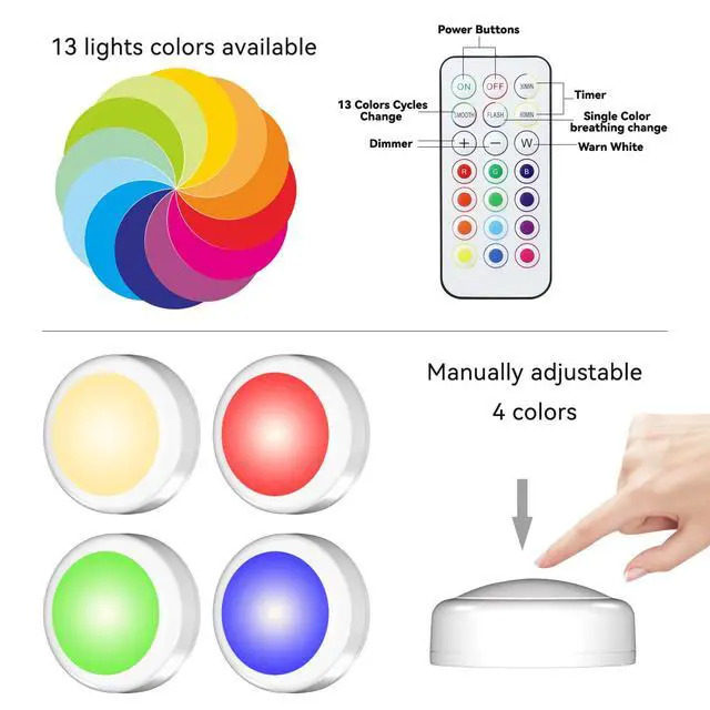Alt view image 5 of 7 - LED Puck Lights with Remote, AA Battery Powered Operated, 6 Pack | 13 Color RGB with Dimmer, Timer, Wireless Push Touch Night Light, 3M Stick On, For Closet Under Cabinet