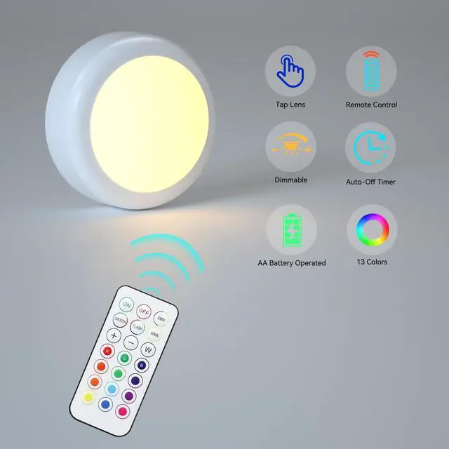 Alt view image 4 of 7 - LED Puck Lights with Remote, AA Battery Powered Operated, 6 Pack | 13 Color RGB with Dimmer, Timer, Wireless Push Touch Night Light, 3M Stick On, For Closet Under Cabinet