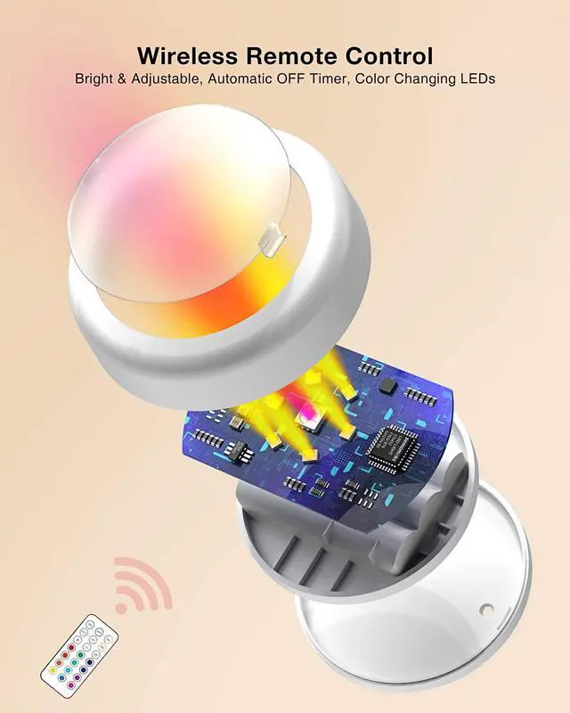 Alt view image 6 of 7 - LED Puck Lights with Remote, AA Battery Powered Operated, 6 Pack | 13 Color RGB with Dimmer, Timer, Wireless Push Touch Night Light, 3M Stick On, For Closet Under Cabinet