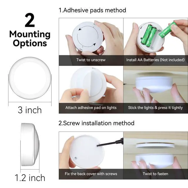 Alt view image 7 of 7 - LED Puck Lights with Remote, AA Battery Powered Operated, 6 Pack | 13 Color RGB with Dimmer, Timer, Wireless Push Touch Night Light, 3M Stick On, For Closet Under Cabinet