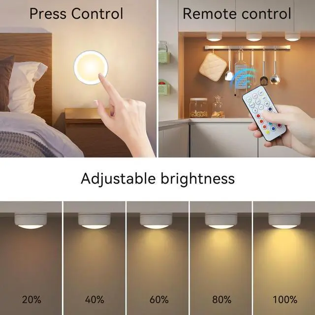 Alt view image 3 of 7 - LED Puck Lights with Remote, AA Battery Powered Operated, 6 Pack | 13 Color RGB with Dimmer, Timer, Wireless Push Touch Night Light, 3M Stick On, For Closet Under Cabinet