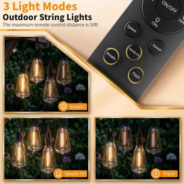 Alt view image 5 of 7 - Remote Control Outdoor String Lights Waterproof, 50FT LED Outside Lights with Shatterproof Bulbs, Dimmable Hanging Lights 3 Modes for Patio Porch Garden Pergola Yard House Bistro Party Decors