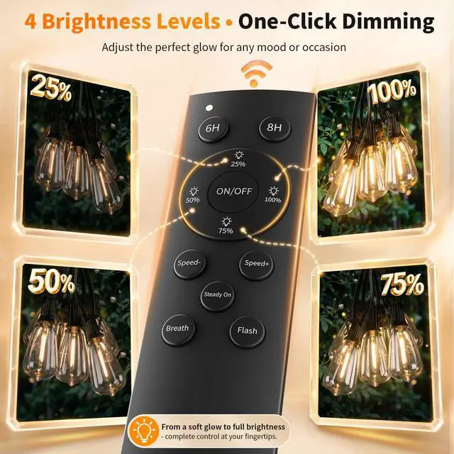 Alt view image 4 of 7 - Remote Control Outdoor String Lights Waterproof, 50FT LED Outside Lights with Shatterproof Bulbs, Dimmable Hanging Lights 3 Modes for Patio Porch Garden Pergola Yard House Bistro Party Decors