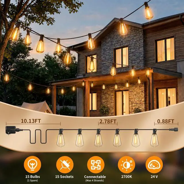 Alt view image 7 of 7 - Remote Control Outdoor String Lights Waterproof, 50FT LED Outside Lights with Shatterproof Bulbs, Dimmable Hanging Lights 3 Modes for Patio Porch Garden Pergola Yard House Bistro Party Decors