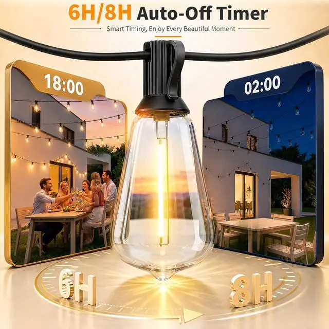 Alt view image 6 of 7 - Remote Control Outdoor String Lights Waterproof, 50FT LED Outside Lights with Shatterproof Bulbs, Dimmable Hanging Lights 3 Modes for Patio Porch Garden Pergola Yard House Bistro Party Decors