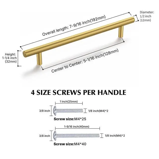 Alt view image 2 of 6 - 30 Pack 5in Gold Cabinet Handles for Kitchen Cabinet Handles | Stainless Steel, Gold Handles for Cabinets, Round T-Bar Shape, Brushed Gold Cabinet Pulls, Screws Included