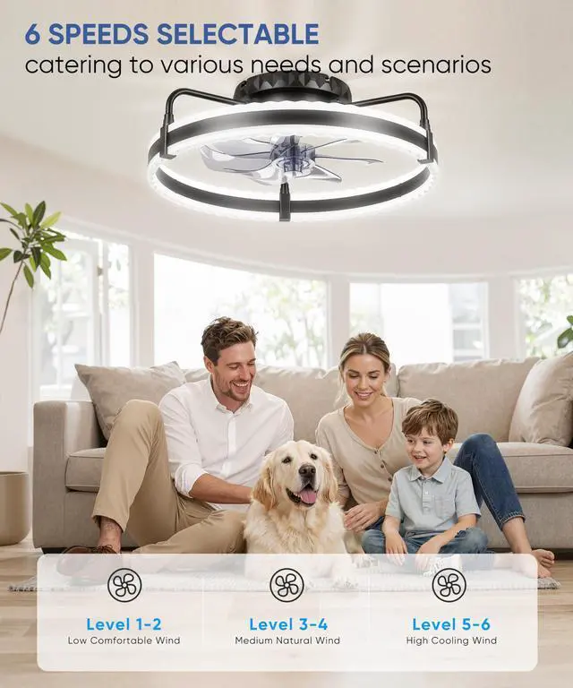 Alt view image 2 of 7 - Ceiling Fan with Lights, 20'' Low Profile Ceiling Fans, 3000-6500K Dimmable Fandelier LED Fan Light, Black Modern Flush Mount Ceiling Fan, 6 Speeds Reversible DC Motor Noiseless for Bedroom, Kids Room