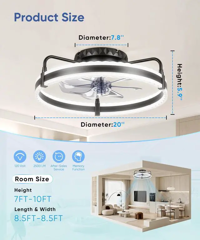 Alt view image 4 of 7 - Ceiling Fan with Lights, 20'' Low Profile Ceiling Fans, 3000-6500K Dimmable Fandelier LED Fan Light, Black Modern Flush Mount Ceiling Fan, 6 Speeds Reversible DC Motor Noiseless for Bedroom, Kids Room