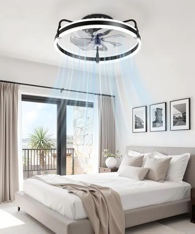 Alt view image 7 of 7 - Ceiling Fan with Lights, 20'' Low Profile Ceiling Fans, 3000-6500K Dimmable Fandelier LED Fan Light, Black Modern Flush Mount Ceiling Fan, 6 Speeds Reversible DC Motor Noiseless for Bedroom, Kids Room