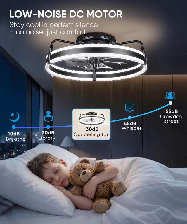 Alt view image 3 of 7 - Ceiling Fan with Lights, 20'' Low Profile Ceiling Fans, 3000-6500K Dimmable Fandelier LED Fan Light, Black Modern Flush Mount Ceiling Fan, 6 Speeds Reversible DC Motor Noiseless for Bedroom, Kids Room