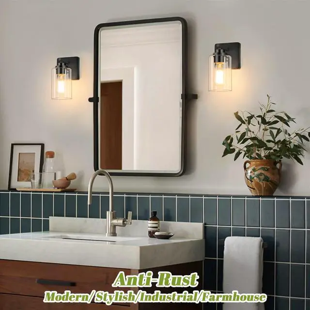 Alt view image 3 of 7 - Wall Sconces Set of 2 for Bathroom, Modern Vanity Light Fixtures | Matte Black Wall Mount Lighting Lanterns, Farmhouse Wall Lights with Clear Glass Shade for Bedroom Living Room Mirror Kitchen
