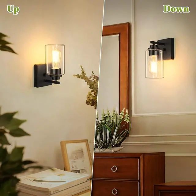 Alt view image 5 of 7 - Wall Sconces Set of 2 for Bathroom, Modern Vanity Light Fixtures | Matte Black Wall Mount Lighting Lanterns, Farmhouse Wall Lights with Clear Glass Shade for Bedroom Living Room Mirror Kitchen