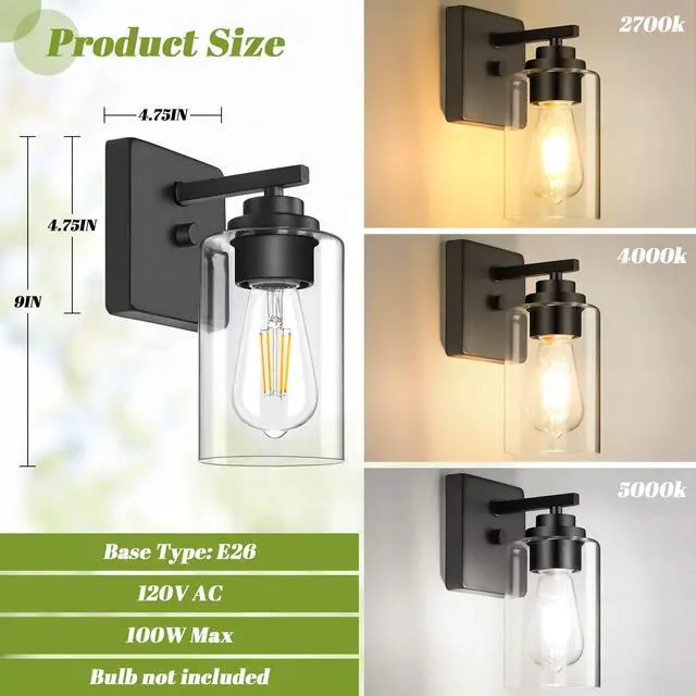 Alt view image 6 of 7 - Wall Sconces Set of 2 for Bathroom, Modern Vanity Light Fixtures | Matte Black Wall Mount Lighting Lanterns, Farmhouse Wall Lights with Clear Glass Shade for Bedroom Living Room Mirror Kitchen