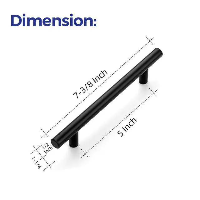 Alt view image 3 of 7 - Cabinet Pulls,7.38" Length, 5" Hole Center,Matte Black,30 Pack | Round T-Bar Shape, Kitchen Drawer Pulls, Stainless Steel Feel, Cabinet Handles, For Cupboards, Drawers, Dressers, Cabinets