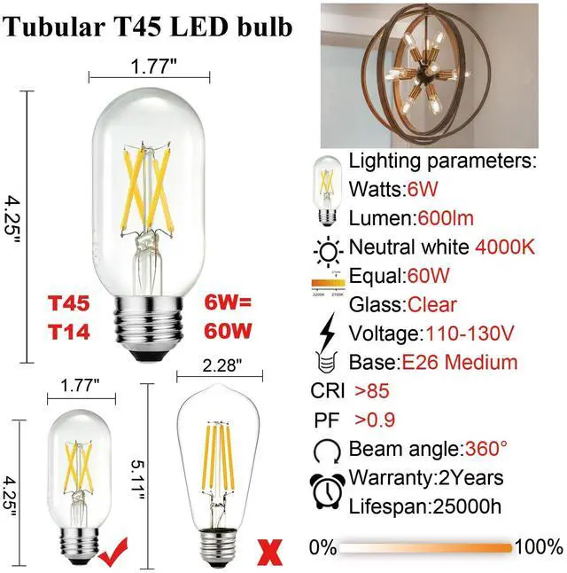 Alt view image 5 of 7 - T45 E26 Led Bulb 60 watt,Edison Bulbs,Neutral White 4000K,Clear | Dimmable,6w=60w led light bulbs,600lm,AC120V,ETL,No flicker,E26 Edison Bulb for Chandelier,Sputnik,Bathroom Light Bulbs,6Pack