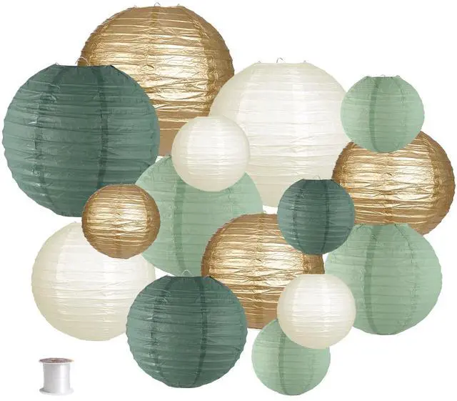Main image of Paper Lanterns Decorative, Round Hanging Paper Lanterns Decorations for Rustic Party Bridal Shower Wedding Sage Green Birthday Party Supplies Gold/Ivory/Sage Green 15pcs