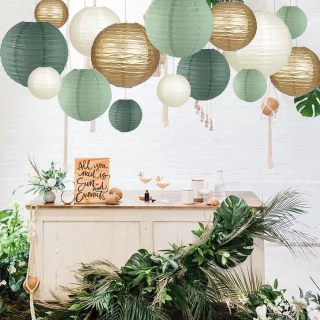 Alt view image 3 of 7 - Paper Lanterns Decorative, Round Hanging Paper Lanterns Decorations for Rustic Party Bridal Shower Wedding Sage Green Birthday Party Supplies Gold/Ivory/Sage Green 15pcs