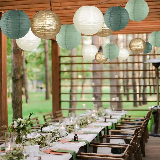 Alt view image 4 of 7 - Paper Lanterns Decorative, Round Hanging Paper Lanterns Decorations for Rustic Party Bridal Shower Wedding Sage Green Birthday Party Supplies Gold/Ivory/Sage Green 15pcs
