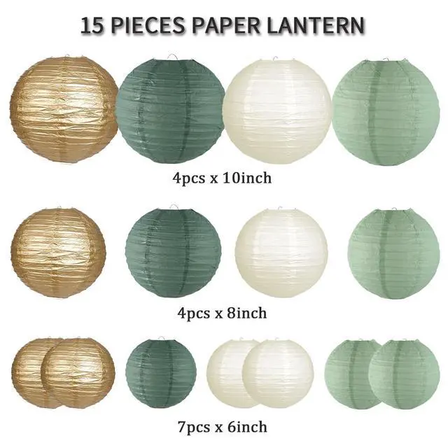 Alt view image 2 of 7 - Paper Lanterns Decorative, Round Hanging Paper Lanterns Decorations for Rustic Party Bridal Shower Wedding Sage Green Birthday Party Supplies Gold/Ivory/Sage Green 15pcs