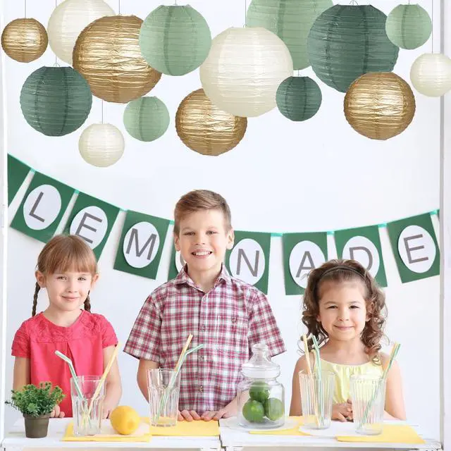 Alt view image 5 of 7 - Paper Lanterns Decorative, Round Hanging Paper Lanterns Decorations for Rustic Party Bridal Shower Wedding Sage Green Birthday Party Supplies Gold/Ivory/Sage Green 15pcs