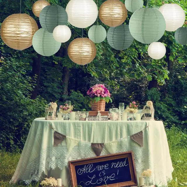 Alt view image 6 of 7 - Paper Lanterns Decorative, Round Hanging Paper Lanterns Decorations for Rustic Party Bridal Shower Wedding Sage Green Birthday Party Supplies Gold/Ivory/Sage Green 15pcs