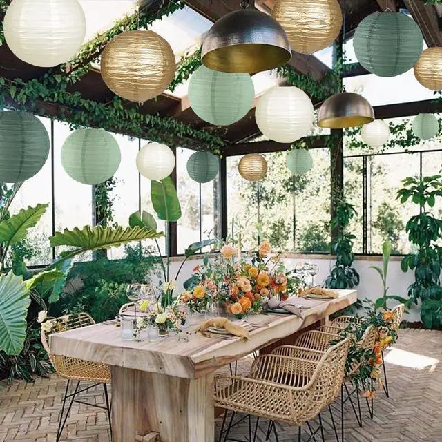 Alt view image 7 of 7 - Paper Lanterns Decorative, Round Hanging Paper Lanterns Decorations for Rustic Party Bridal Shower Wedding Sage Green Birthday Party Supplies Gold/Ivory/Sage Green 15pcs
