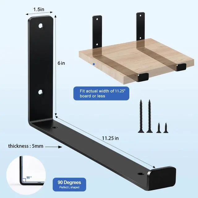 Alt view image 2 of 7 - 12 inch Shelf Brackets for DIY Floating Shelf, 1/5 inch Thick Heavy Duty Floating Shelf Bracket, Fit for Home, Kitchen, Bathroom, Garage, Living Room, 6-Pack Black, 11.25 x 6 x 1.5