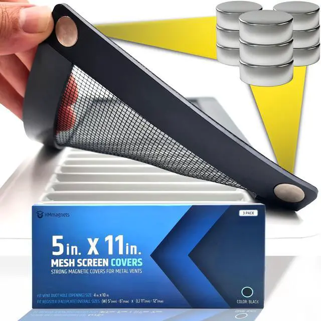Main image of Powerful Magnetic Vent Screen Mesh Covers (3-Pack) That Will Never Move or Fall - for Floor, Wall & Ceiling Registers of Width 5" to 6", Length 11" to 12" - Super Strong Neodymium Magnets | Black