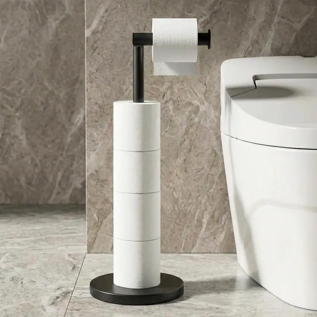 Main image of Free Standing Toilet Paper Holder Stand with Weighted Base, Black | SUS304 Rustproof Steel | Thick Non-Slip Base | Swivel Pivot Design | Slim Footprint | Holds 5 Rolls