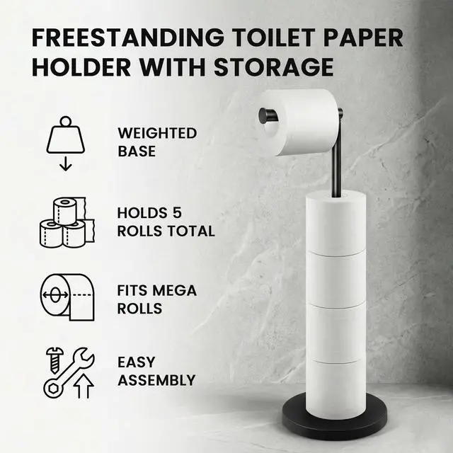 Alt view image 2 of 7 - Free Standing Toilet Paper Holder Stand with Weighted Base, Black | SUS304 Rustproof Steel | Thick Non-Slip Base | Swivel Pivot Design | Slim Footprint | Holds 5 Rolls