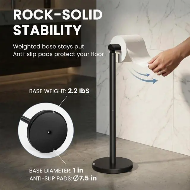 Alt view image 3 of 7 - Free Standing Toilet Paper Holder Stand with Weighted Base, Black | SUS304 Rustproof Steel | Thick Non-Slip Base | Swivel Pivot Design | Slim Footprint | Holds 5 Rolls