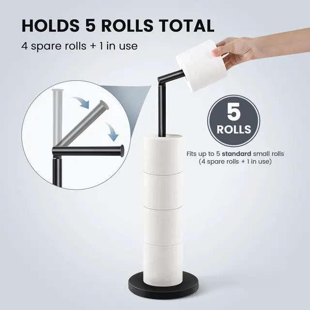 Alt view image 4 of 7 - Free Standing Toilet Paper Holder Stand with Weighted Base, Black | SUS304 Rustproof Steel | Thick Non-Slip Base | Swivel Pivot Design | Slim Footprint | Holds 5 Rolls
